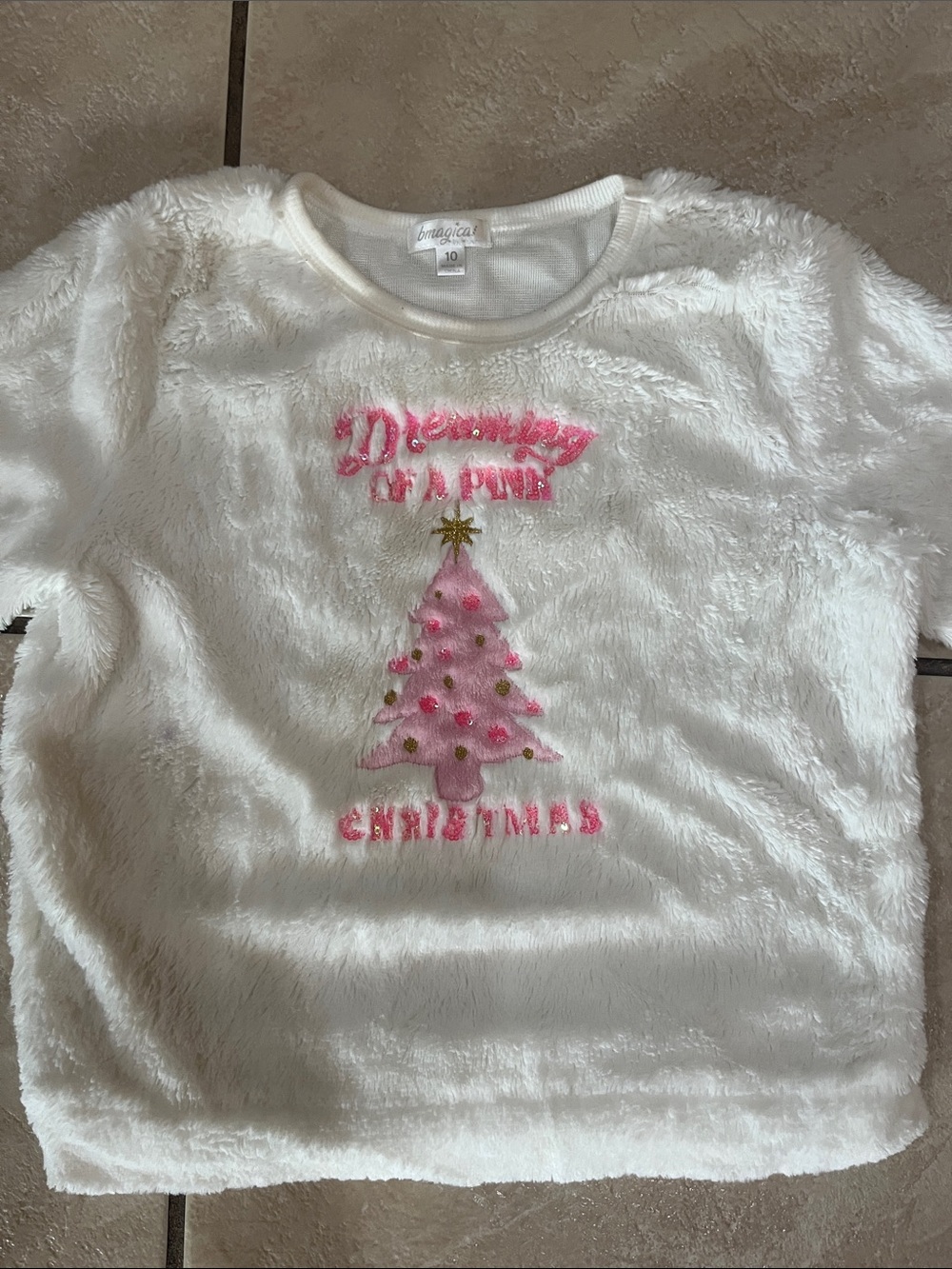 Magic White Fuzzy Holiday Pajama Top with Pink Tree & Gold Star